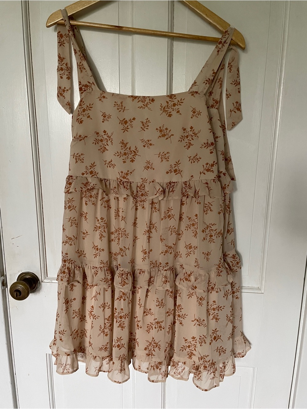 miami Beige Floral Tiered Sundress Ruffles and Tie Shoulder Straps